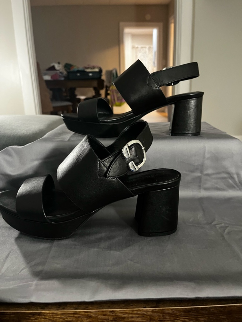 AEROSOLES Black Leather Platform Block Heel Sandals with Silver Buckle